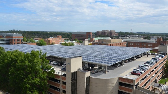 Aerial shot of metro parking with solar panels on the roof