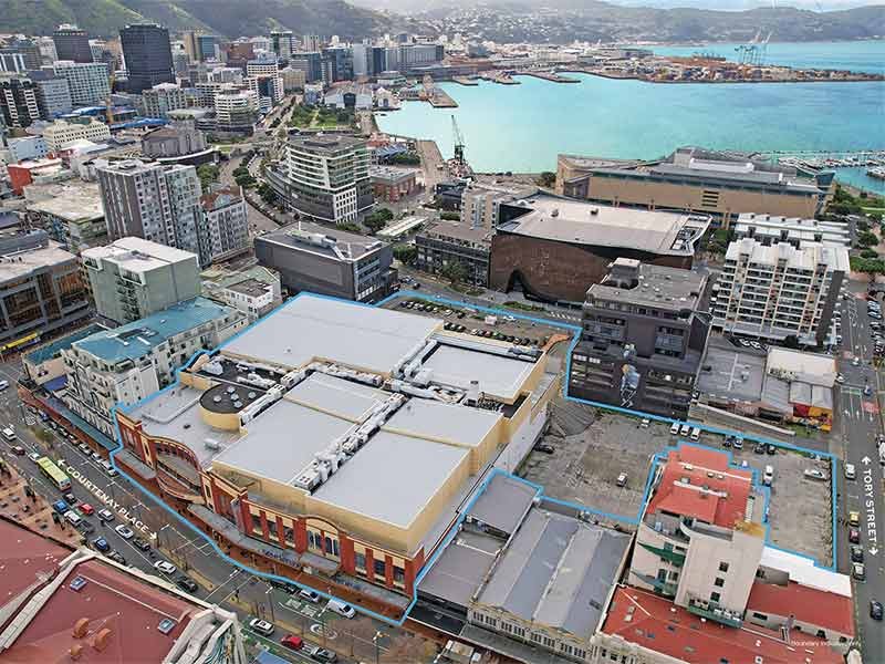 Aerial view of Wellington city centre, showing Reading Courtenay Central and Associated Landholdings highlighted in blue.