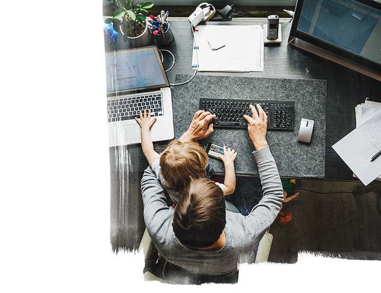 A women working from home with a child