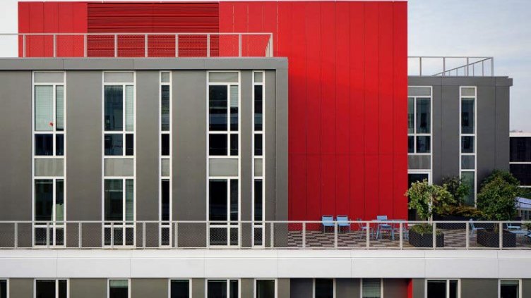 Aerial photography of red and grey office building