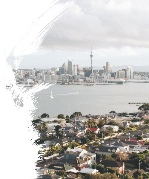 View of Hilltop vista of seaside suburb, coastal cityscape in Auckland, New Zealand