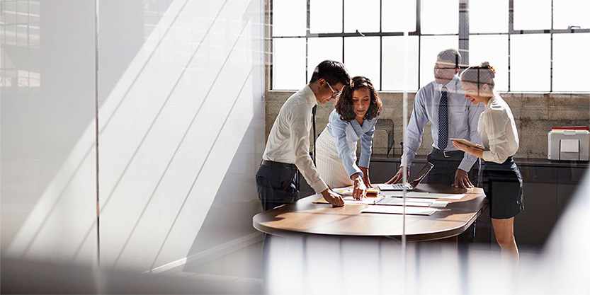 A group of men and women collaborate together in a meeting room.