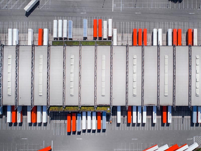 Exterior top view of an industrial warehouse