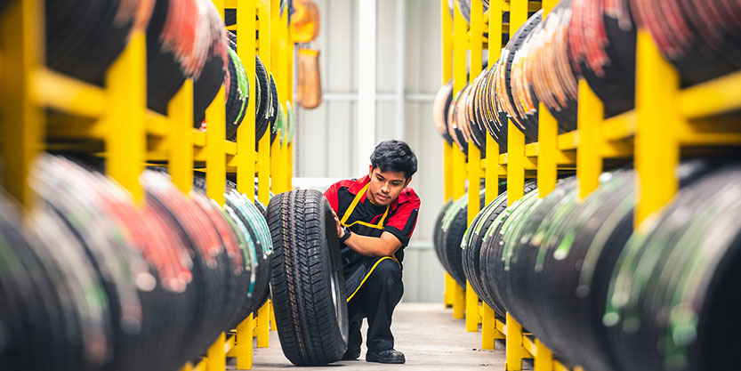 A man is arranging the tires in the warehouse.