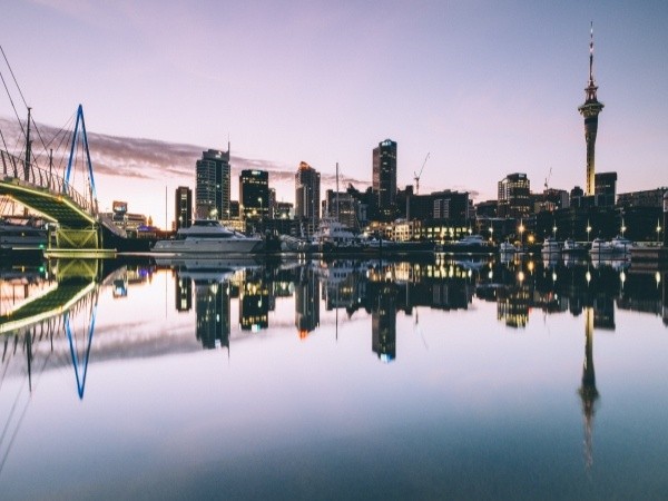 Beautiful evening view of high rise buildings in a smart city