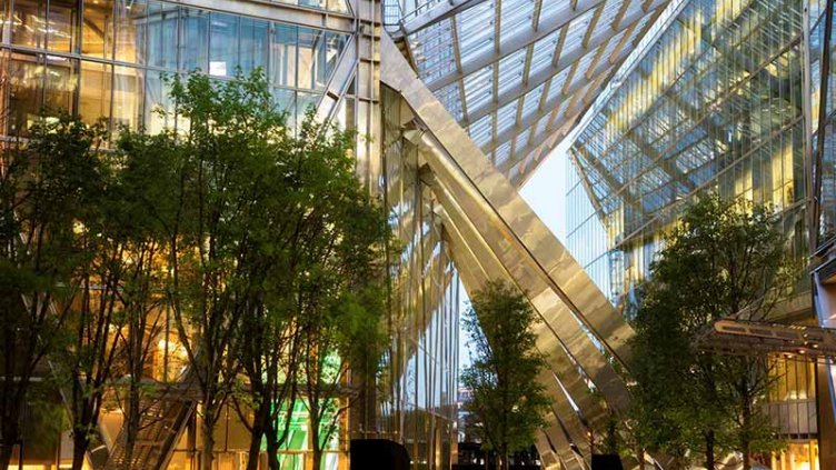 Modern building with lights on